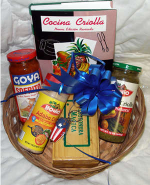 Dulces Tipicos Gift Basket with a Hard Cover Cocina Criolla Book, Sofrito goya, Adobo Bohio, Recaito Criollo Bohio, Tostonera de Tostones Rellenos and a Key Chain Puerto Rico